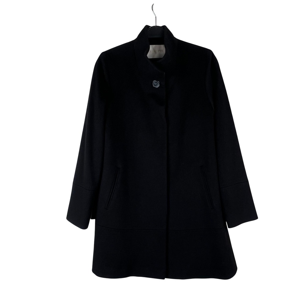 Fleurette Black Loro Piana Wool Funnel Neck Coat Size 4 Made in USA Quiet Luxury